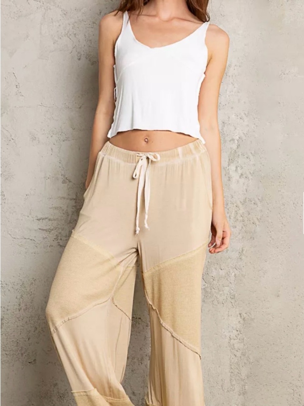 POL Beige Wide-Leg Drawstring Ponte Patch Pants